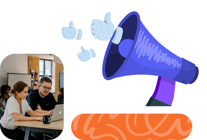 Illustration of a megaphone with thumbs up icons and an image of two people collaborating at an open laptop